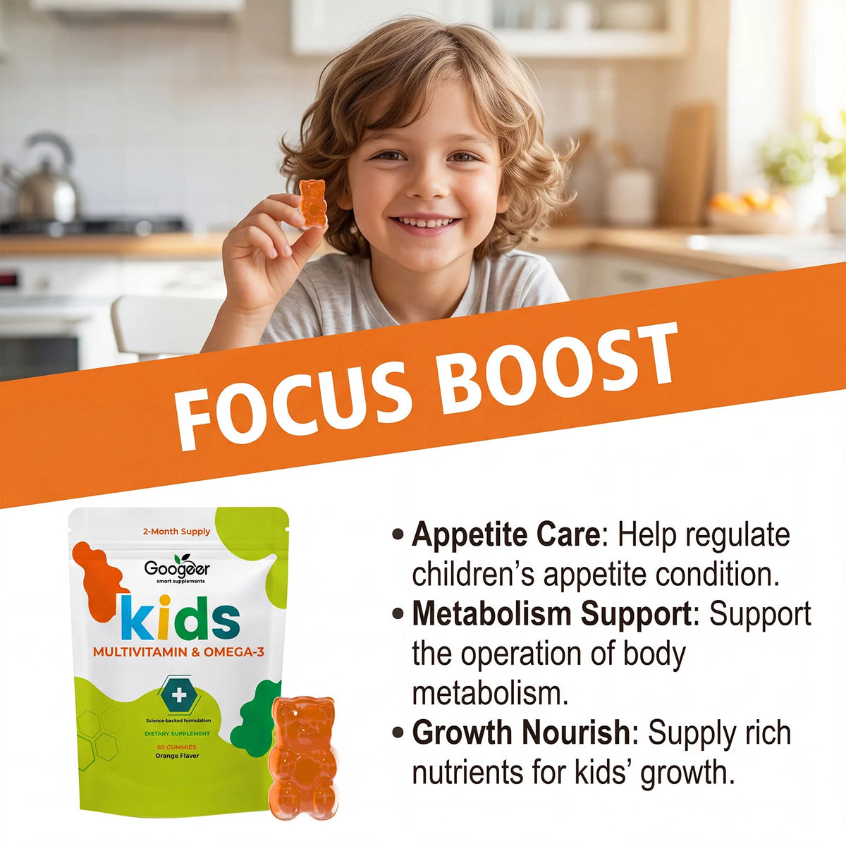 Googeer Kids Multivitamin Omega-3 Gummies with Vitamin C, D3 & Zinc, Supports Growth, Appetite & Metabolism Children, 60 Gummies