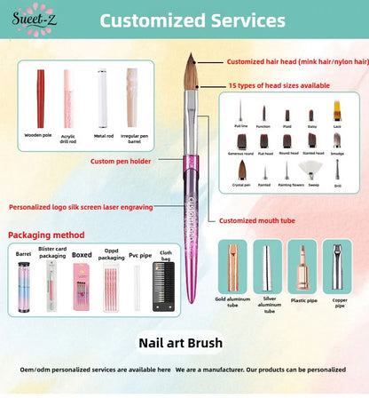 100% Kolinsky Acrylic Brush UV Gel Carving Nail Brush Purple Sandalwool Handle Zircon Butterfly Manicuring Nail Tools Size 2-20