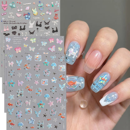 Aurora Ocean Shell Nail Stickers - Summer Beach 3D Relief Sea Star Seahorse Decals - Spring Vacation Nail Tech Supplies