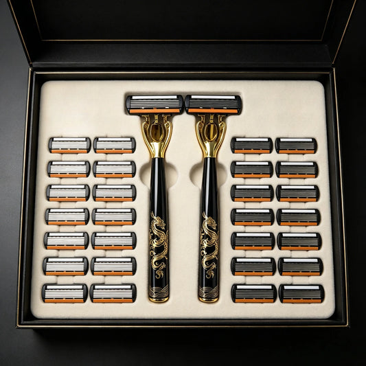 Men's Manual Safety Razor Set, Featuring 6-Layer Stainless Steel Blades and an Aloe vera Lubricating Strip | Perfect as a Gift.