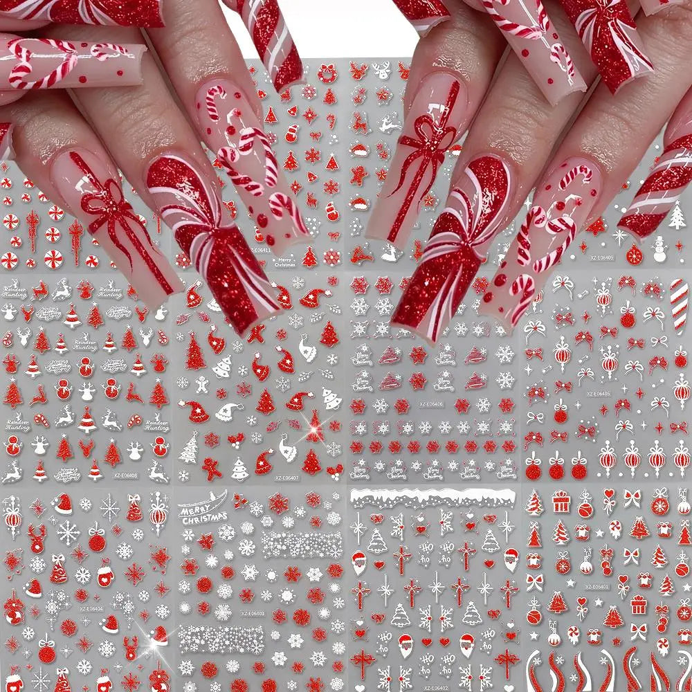 12Pcs Gold White Christmas Nail Stickers Cute Santa Snowflake Tree Ribbon Gingerbread Nails Decals for Xmas Winter Holiday Decor
