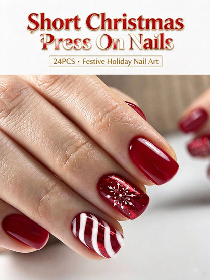 24PCS Short Christmas Press On Nails, Autumn Winter Ins European American Style False Nail Tips, Removable Manicure Nail Patches