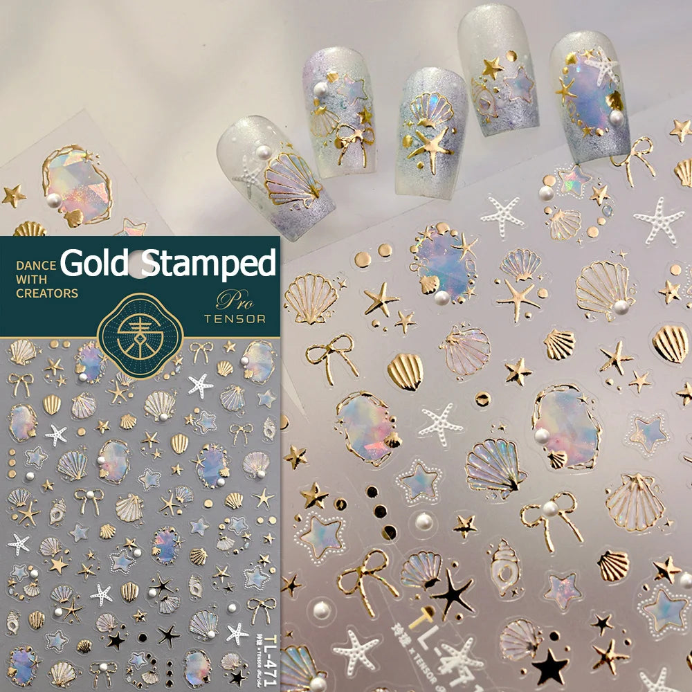 Gold Stamped Shell Conch Scallop Starfish Pearl 5D Embossed Self Adhesive Nail Art Stickers Delicate Ocean Style Manicure Decals