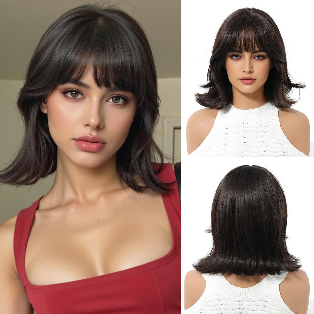 Short Light Pink Wave Synthetic Wigs with Bangs Rose Gold Lolita Natural Hair Wigs for Women Cosplay Daily Party Heat Resistant
