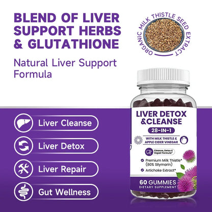 Milk Thistle Liver Support Gummies 28-in-1 Herbal Blend Apple Cider Vinegar Artichoke Daily Liver Wellness 60 Count