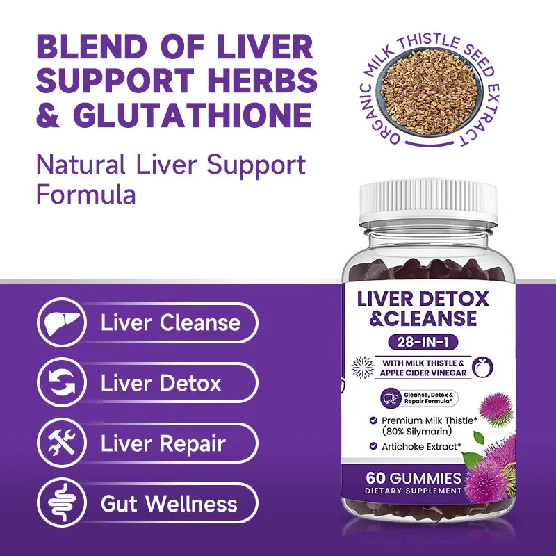 Milk Thistle Liver Support Gummies 28-in-1 Herbal Blend Apple Cider Vinegar Artichoke Daily Liver Wellness 60 Count
