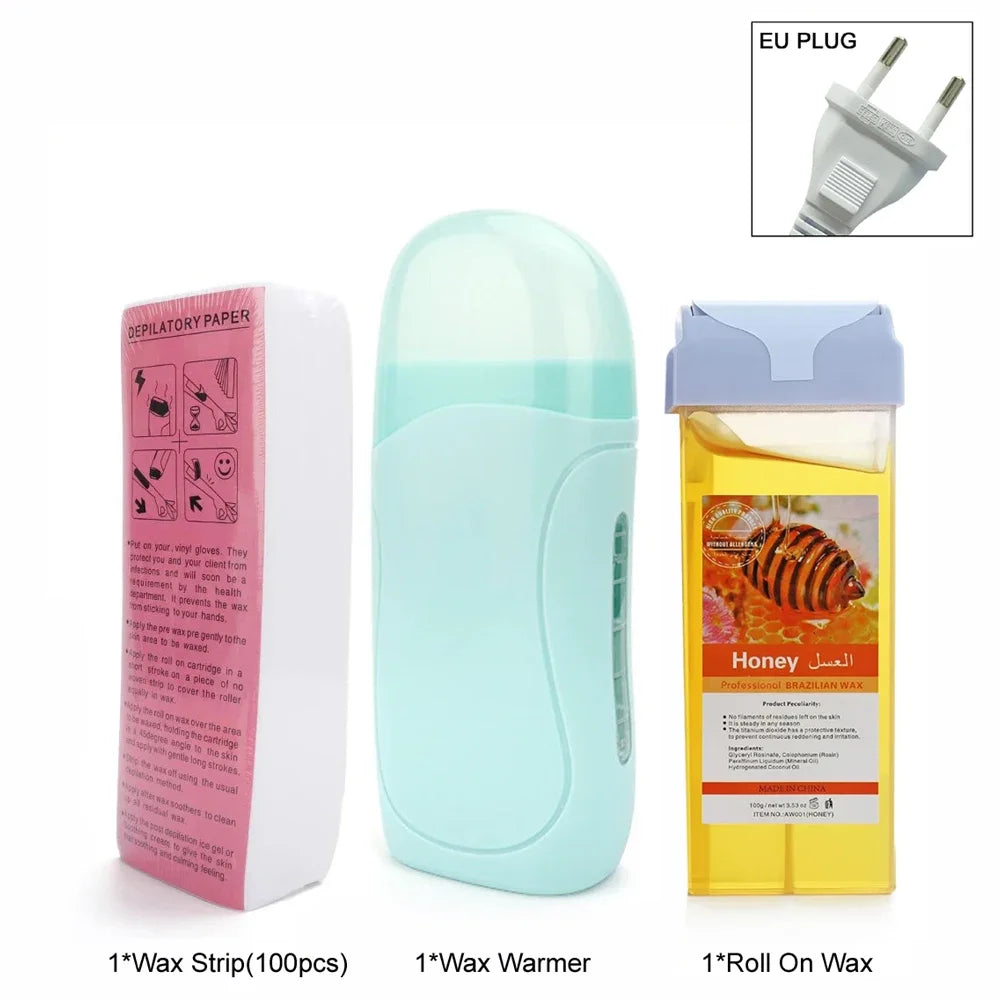 Women Home Hair Removal Kit Roll on Wax Warmer Honey Roller Wax Cartridge 100Pcs Depilatory Wax Strips Body Leg Arm Waxing Set