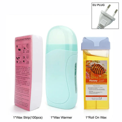 Women Home Hair Removal Kit Roll on Wax Warmer Honey Roller Wax Cartridge 100Pcs Depilatory Wax Strips Body Leg Arm Waxing Set