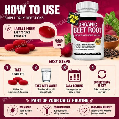 Beet Root Tablets 2040mg Per Serving with Organic Black Pepper for Energy, Endurance & Circulation Support, Non-GMO, 90 Count