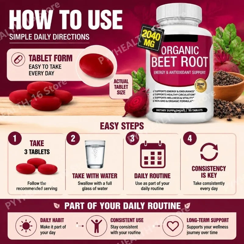 Beet Root Tablets 2040mg Per Serving with Organic Black Pepper for Energy, Endurance & Circulation Support, Non-GMO, 90 Count