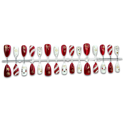 30pcs Christmas Burgundy Red Press On Nails Gold Bow Snowflake Pearl Fake Nail Short Oval Rhinestone 3D False Nail for Women