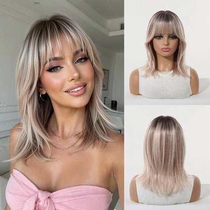 Short Light Pink Wave Synthetic Wigs with Bangs Rose Gold Lolita Natural Hair Wigs for Women Cosplay Daily Party Heat Resistant