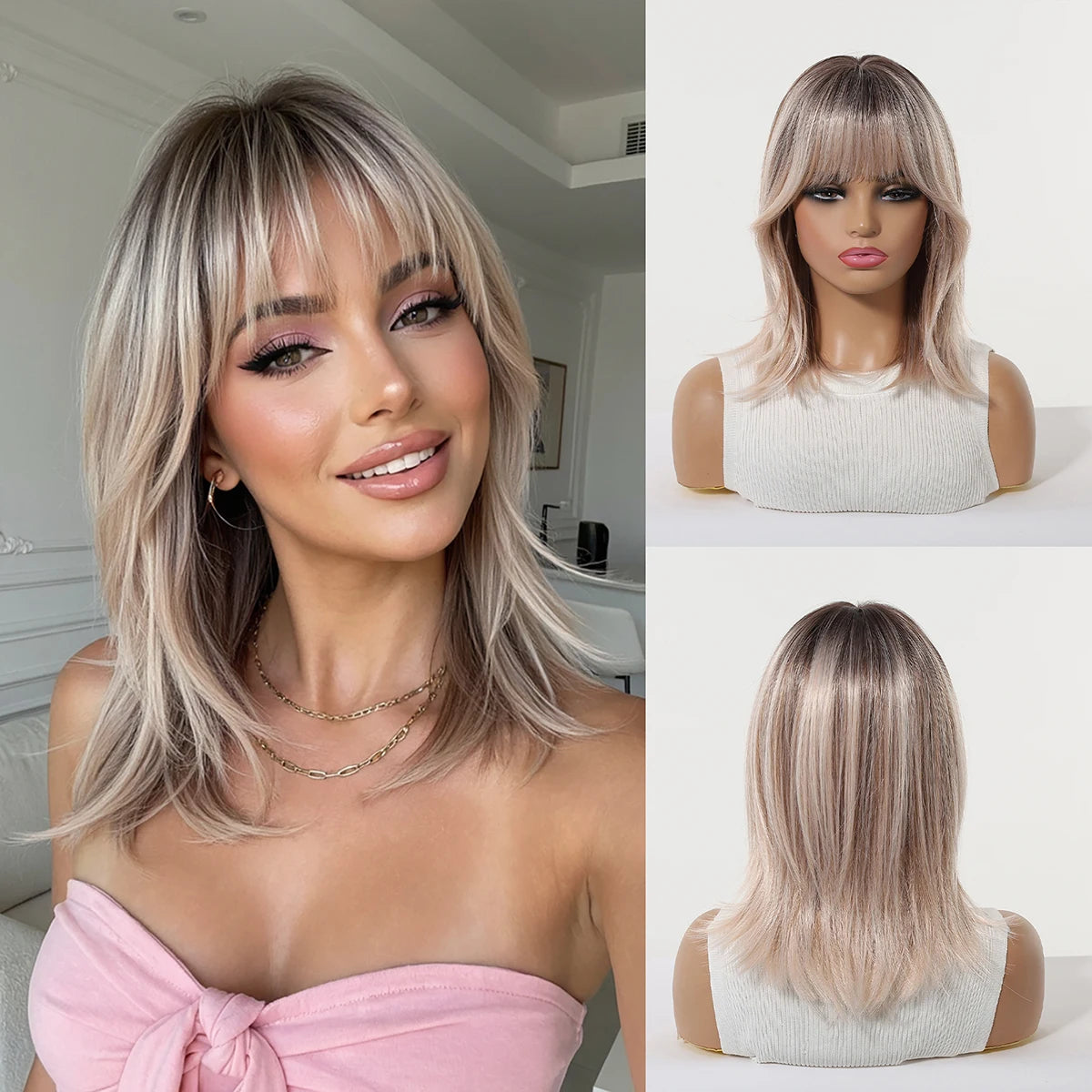 Short Light Pink Wave Synthetic Wigs with Bangs Rose Gold Lolita Natural Hair Wigs for Women Cosplay Daily Party Heat Resistant