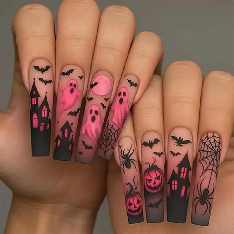 24pcs Glitter Pink Sequins Fake Nails 2025 Halloween Scary Skull Love Print False Nails Wearable European Ballet Press on Nails