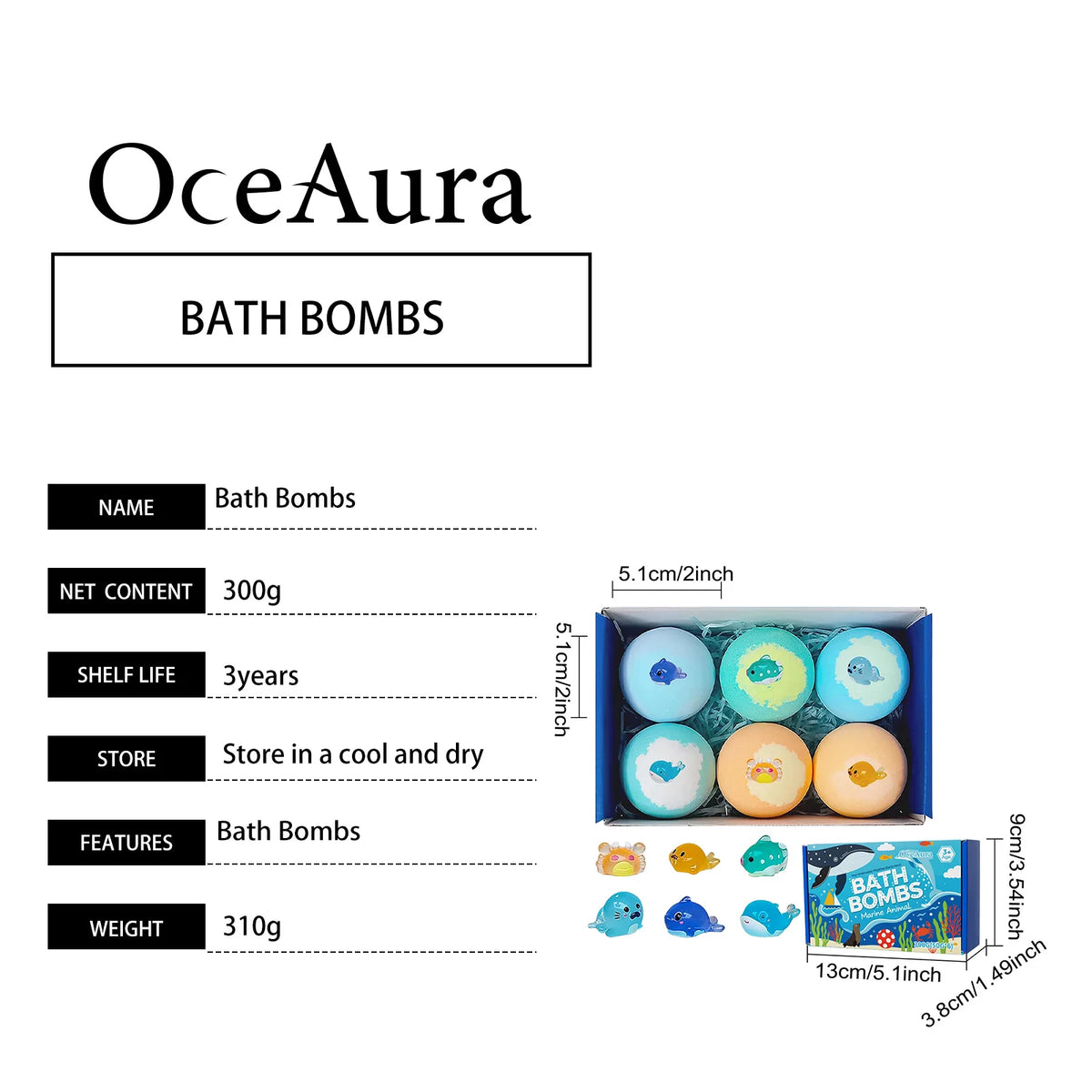 OceAura Bath Bombs with Toys Inside Fun Kids Bath Clean Skin Exfoliation Sea Salt Surprise Bath Bombs for Children Gift Set 300g