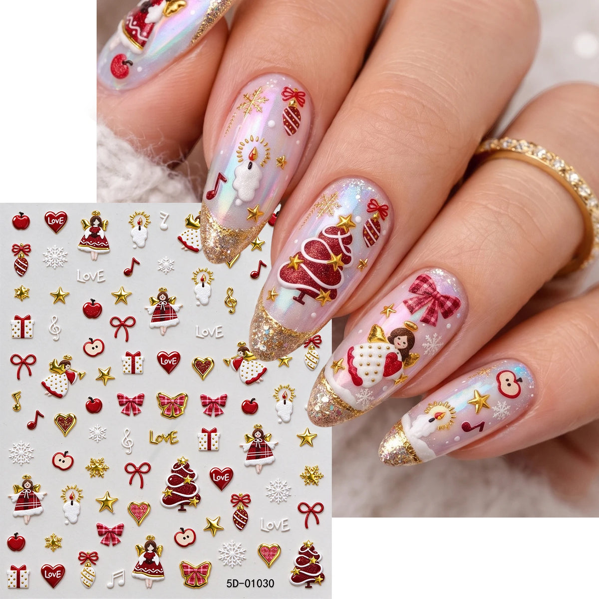 1pcs Gold-foiled Christmas Tree 5D Nail Stickers Bow Holly Snowflake Wreath Christmas Nail Decals Cartoon Merry Christmas Decora