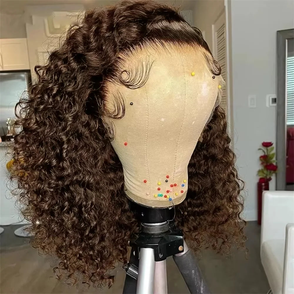 Chocolate Brown 200% Density Deep Curly 13x4 Lace Frontal Bob Wig Water Wavy Human Hair Wigs Pre Plucked Virgin Wet And Hair #4