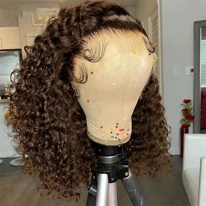 Chocolate Brown 200% Density Deep Curly 13x4 Lace Frontal Bob Wig Water Wavy Human Hair Wigs Pre Plucked Virgin Wet And Hair #4