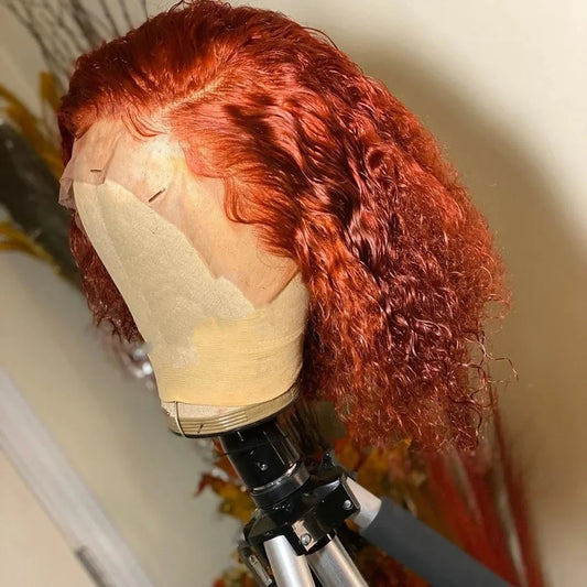 100% Human Hair Ginger Brown Bob Wig 220 Density Transparent Deep Wave 13x4 Lace Frontal Wigs Highlight Curly Short Bob Wig