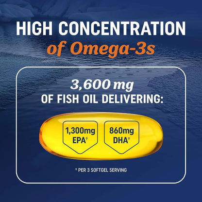Triple Strength Omega 3 Fish Oil Supplement 3600 mg, EPA & DHA, Support Joint Bone, Skin, Brain & Heart Health, Energy, Immune
