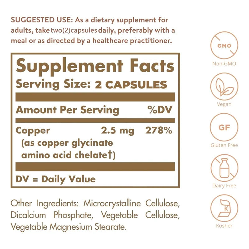 Chelated Copper Capsules - Supports Bone, Skin, and Nervous System Health, Promotes Collagen Synthesis, and Enhances Immunity