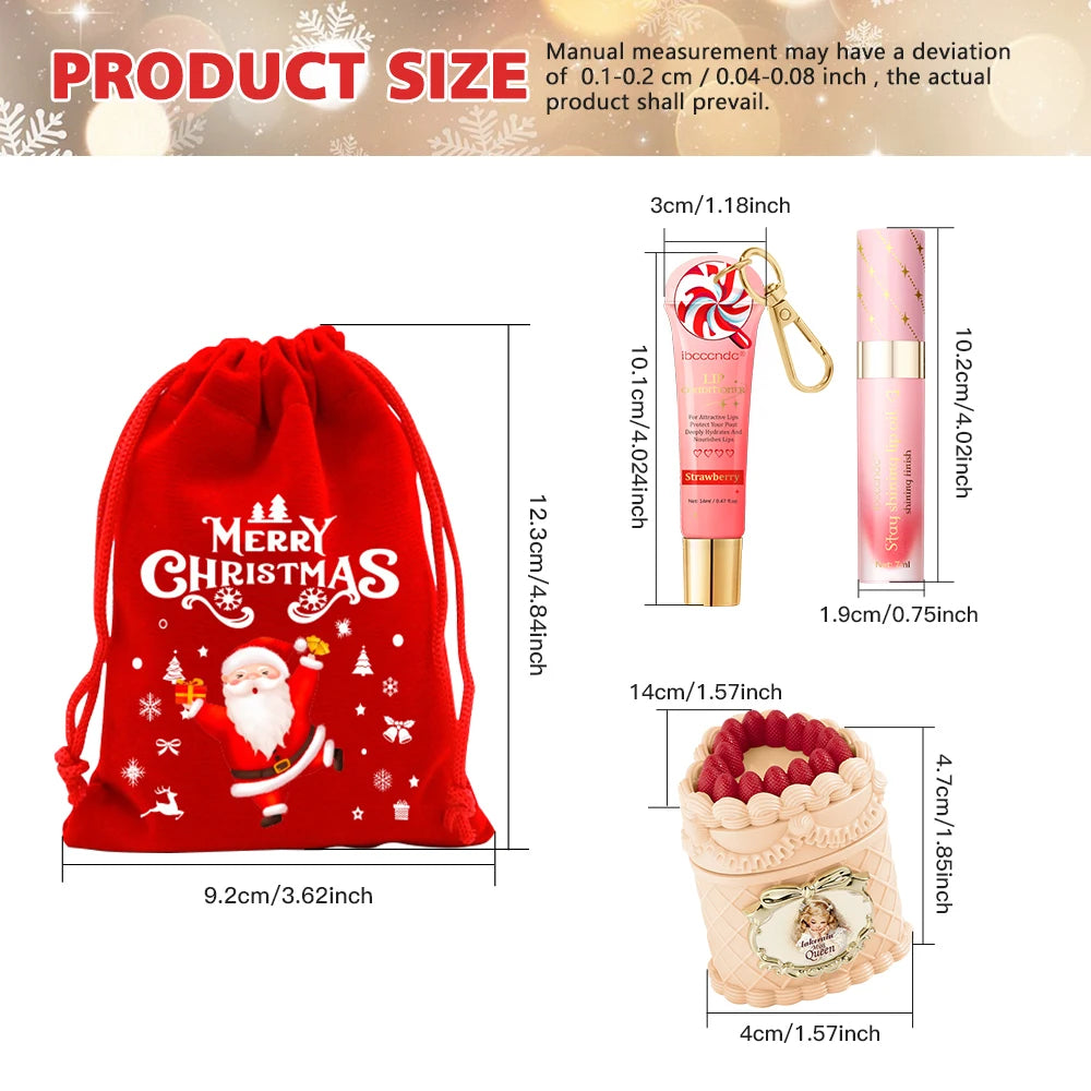 Christmas Limited 2‑in‑1 Lip Gift Set Strawberry Cake Mousse Matte Lip Mud Santa Red Velvet Pouch Lip Balm Lip Oil 7 Shades
