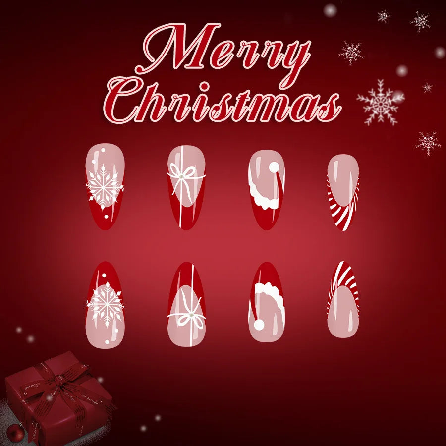 24PCS Red French Pointed Nails Christmas Fake Nails With Snowflake Christmas Hat Design, Artificially Adhered To The Nails