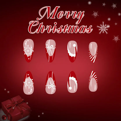 24PCS Red French Pointed Nails Christmas Fake Nails With Snowflake Christmas Hat Design, Artificially Adhered To The Nails