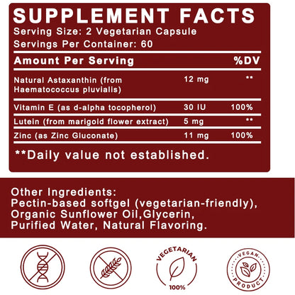 Astaxanthin Complex Capsules 12mg for Brain, Heart, Joint Bone, Eye, Skin, Immune System Health