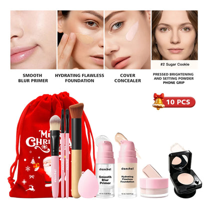 10Pcs Makeup Set Primer Foundation Concealer Setting Powder Makeup Brushes Beauty Sponge Full Face Cosmetic Kit Christmas Gift