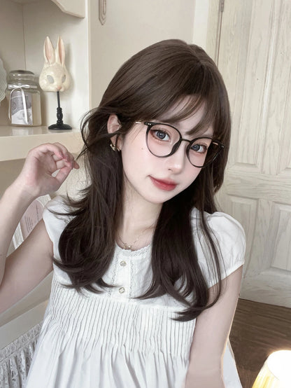 20Inch Chestnut Brown Lovely Synthetic Wigs with Bangs Medium Natural Wavy Hair Wig for Women Daily Use Cosplay Heat Resistant