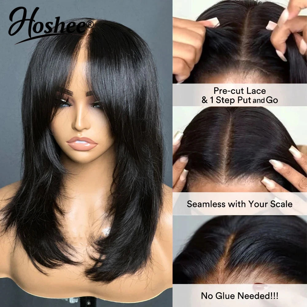 Wear And Go Wig With Layered Bang Glueless Ready To Wear Straight 13x4 Lace Human Hair Wigs For Women 4x4 Lace Closure Wig 250%