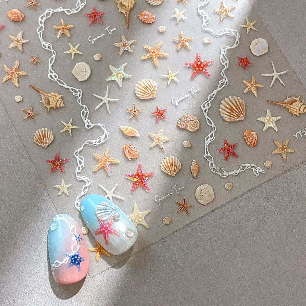 1pc Shell Light Starfish Shell Nail Stickers Cute Starfish Decorative Stickers For Nails DIY 3D Self Adhesive Summer Nail Decals
