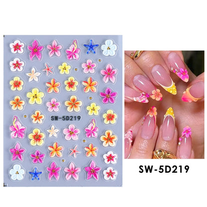 5D Summer Flowers Nail Embossed Stickers Pink Frangipani Hibiscus Five Petal Floral Starfish Decal DIY Tropical Manicure Sliders