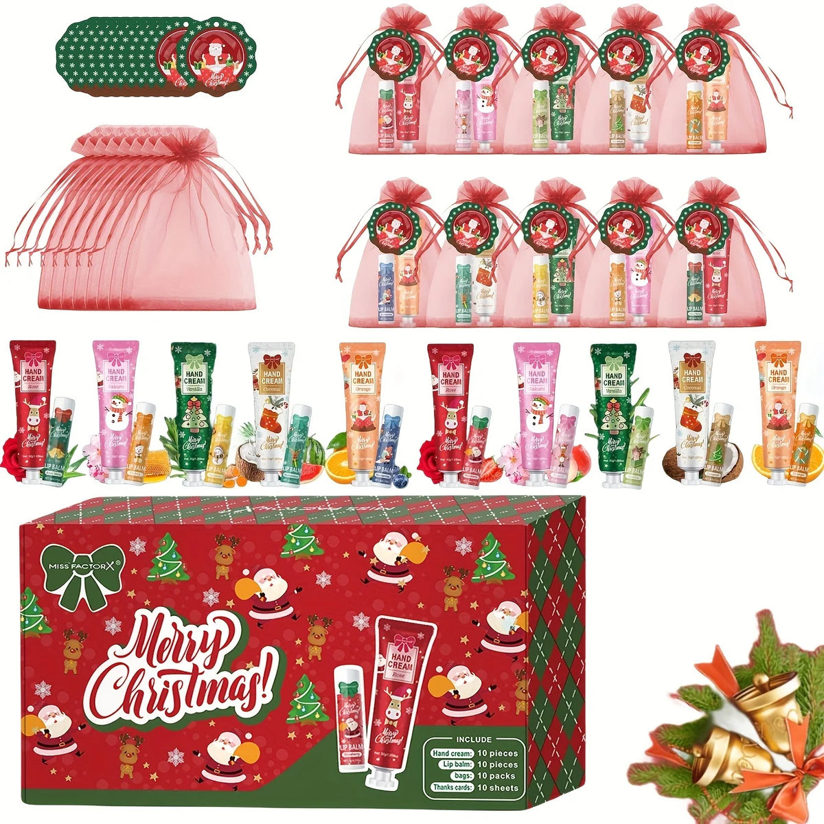 10 Sets per Box. Mixed Lip Balms and Hand Creams, Richly Moisturizing. Perfect for Christmas Giveaways and New Year Gifts.