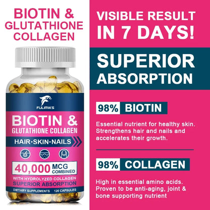 High Biotin 5000mcg Capsules with Hydrolyzed Fish Collagen & MSM, Healthy Hair, Glowing Skin, Strong Nails & Anti-Aging Support