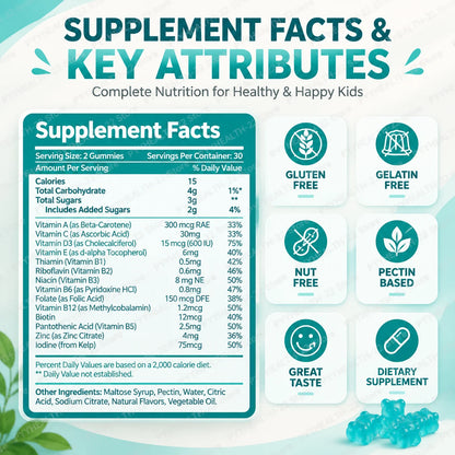 Kids Multivitamin Gummies, Vitamin A C D3 B Complex Zinc Iodine, Support Immune Healthy Growth, Pectin Gluten Free, 60 Gummies
