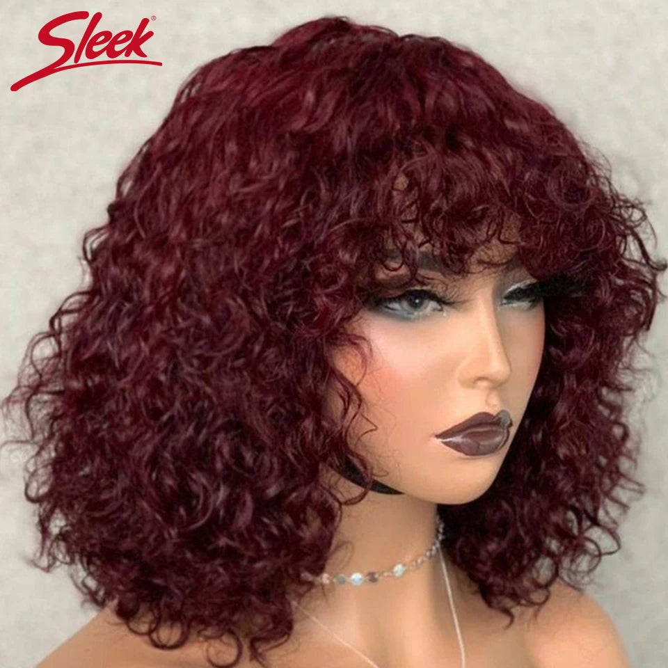 Brazilian Jerry Curly Short Bob Human Hair Wigs With Bangs Full Machine Wig Human Hair Wig Highlight Water Wave Wig For Women