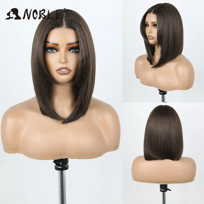 Noble Synthetic Lace Front Wigs For Women 12 Inch Pre Plucked Pre-Cut Ombre Brown Blonde Straight Layered Bob Wig Cosplay Wig