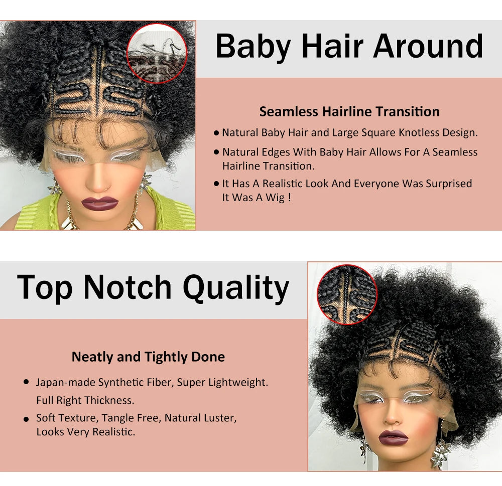 13x6 Lace Front Braids Wig with Baby Hair Synthetic Afro Curly Cornrow Braided Short Wigs for Black Women Natural Lace Bob Wigs