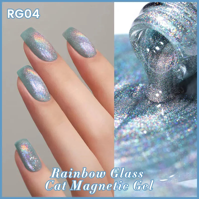 BORN PRETTY 10ml Rainbow Glass Cat Magnetic Nail Gel Polish Sparkling Double Light Reflective Glitter Colorful Laser Varnish