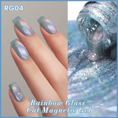 BORN PRETTY 10ml Rainbow Glass Cat Magnetic Nail Gel Polish Sparkling Double Light Reflective Glitter Colorful Laser Varnish