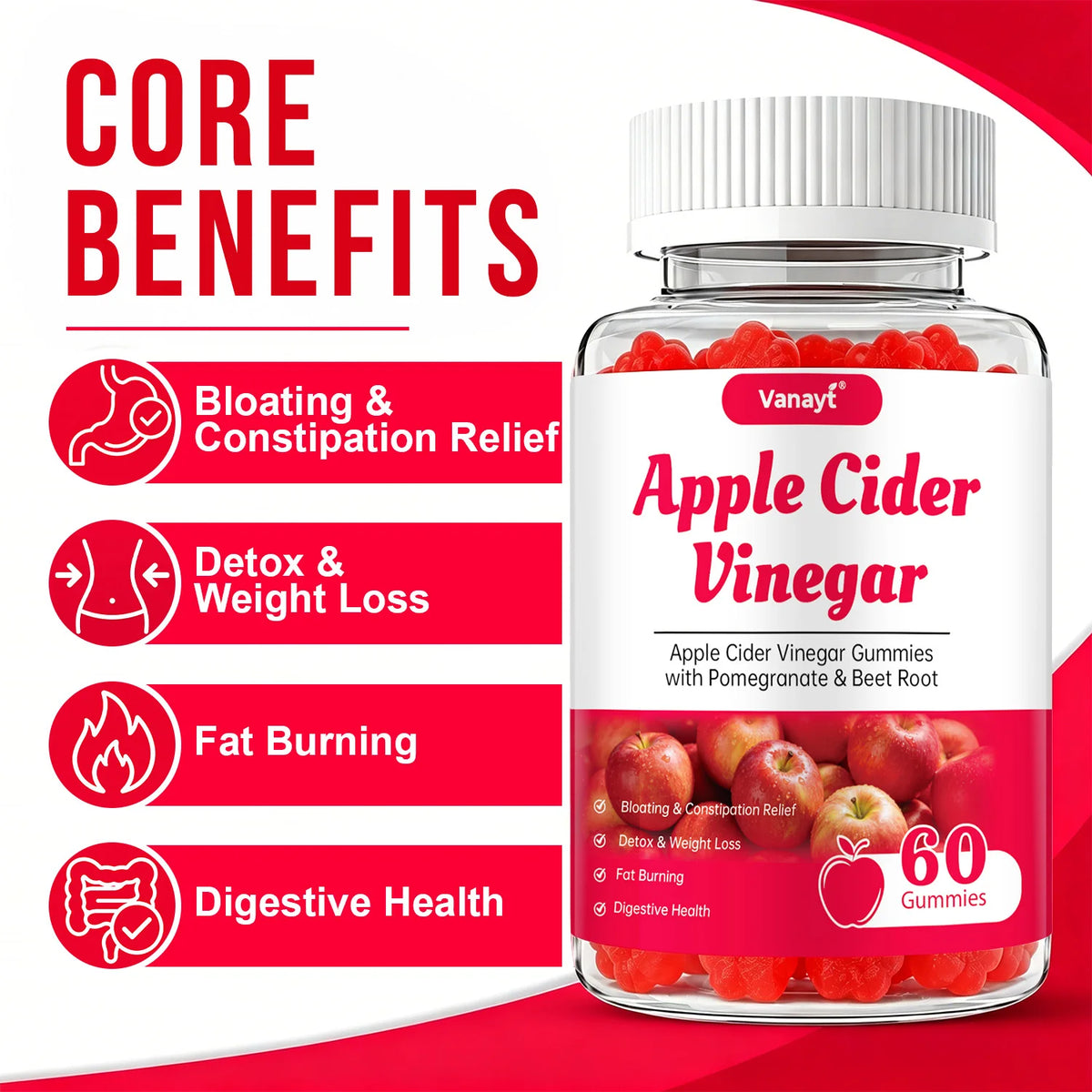 Apple Cider Vinegar Gummies with Pomegranate & Beet Root, Herbal Supplement, Support Digestive & Gut Wellness, Daily Wellness Gummy, 60 Counts
