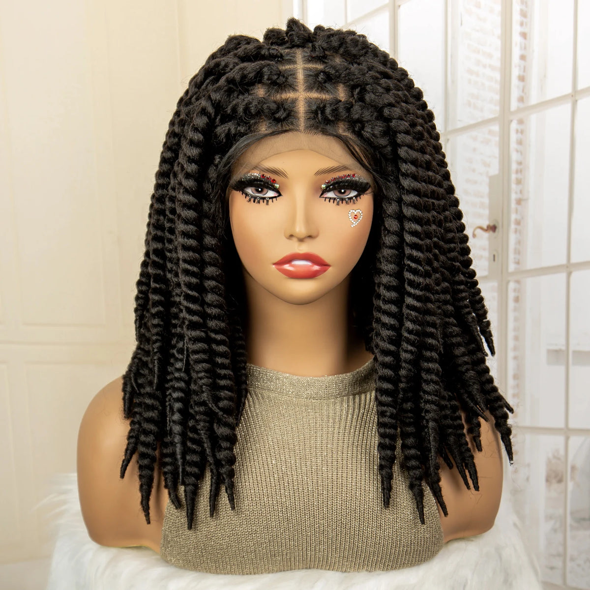 16 Inches Short Synthetic Full Lace Twist Braided Wigs Natural Knotless Box Braiding Wig for Black Women