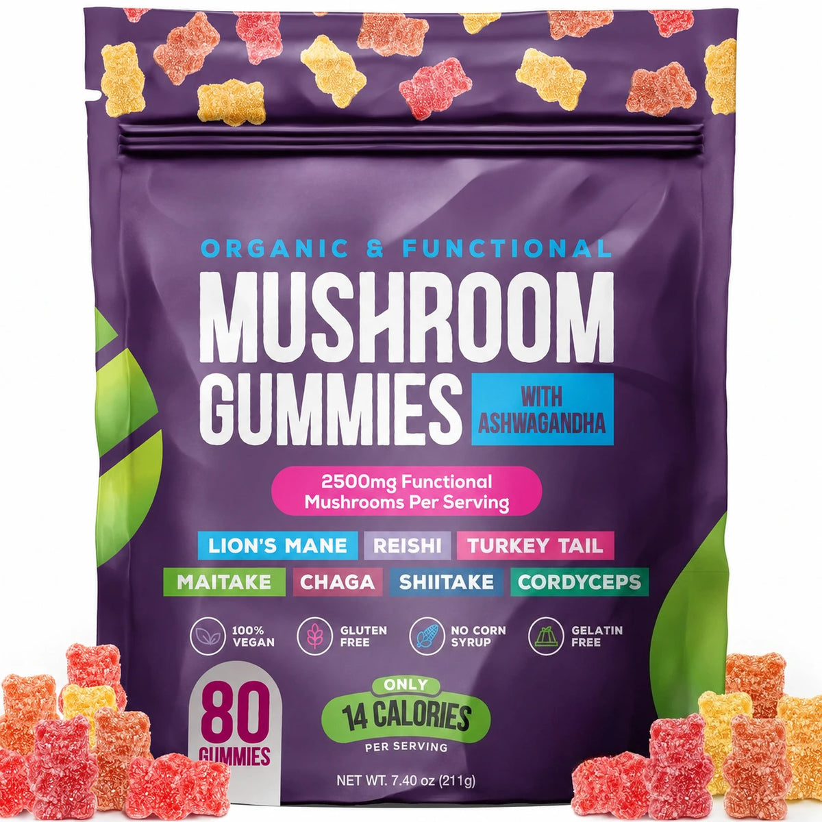 Mushroom Gummies with Ashwagandha Lion's Mane Reishi and Cordyceps, Vegan Gelatin Free Mixed Fruit Supplement
