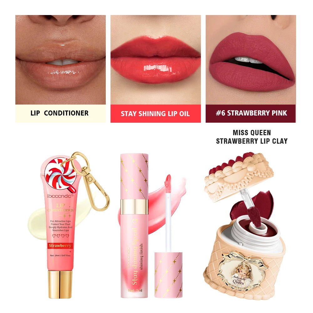 Christmas Limited 2‑in‑1 Lip Gift Set Strawberry Cake Mousse Matte Lip Mud Santa Red Velvet Pouch Lip Balm Lip Oil 7 Shades