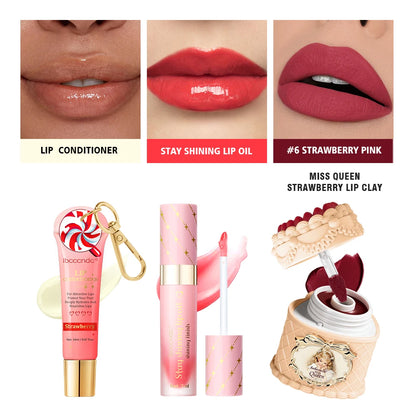 Christmas Limited 2‑in‑1 Lip Gift Set Strawberry Cake Mousse Matte Lip Mud Santa Red Velvet Pouch Lip Balm Lip Oil 7 Shades