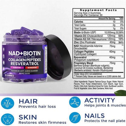 NAD+ Biotin Gummies with Vitamin D3 K2 Zinc Keratin Skin Care Anti Aging Whitening Skin Nail and Hair Care Supplement