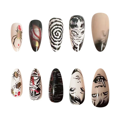 24pcs Black Spider Fake Nails Y2K Punk Style Girls Painted False Nails Full Cover Wearable Japanese Almond Press On Nails Tips