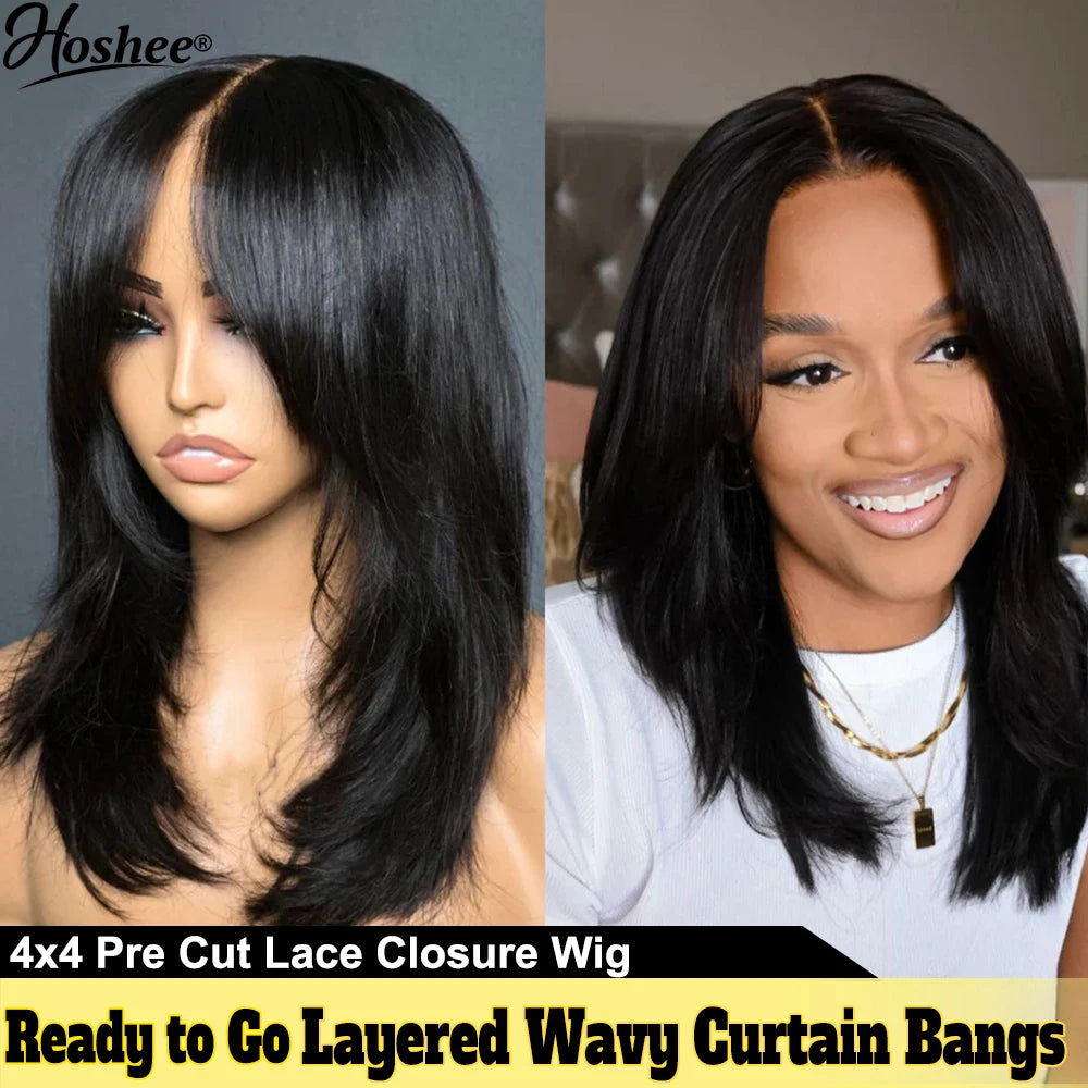 Wear And Go Wig With Layered Bang Glueless Ready To Wear Straight 13x4 Lace Human Hair Wigs For Women 4x4 Lace Closure Wig 250%